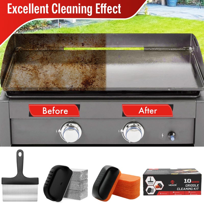 MEKER Griddle Cleaning Kit for Blackstone  Flat Top Grill Cleaning Kit with Grill Stone  Upgraded Scouring Pads & Griddle Scraper & Griddle Brush with Handle - Easy to Remove Stain (10 PCS) - Image 5